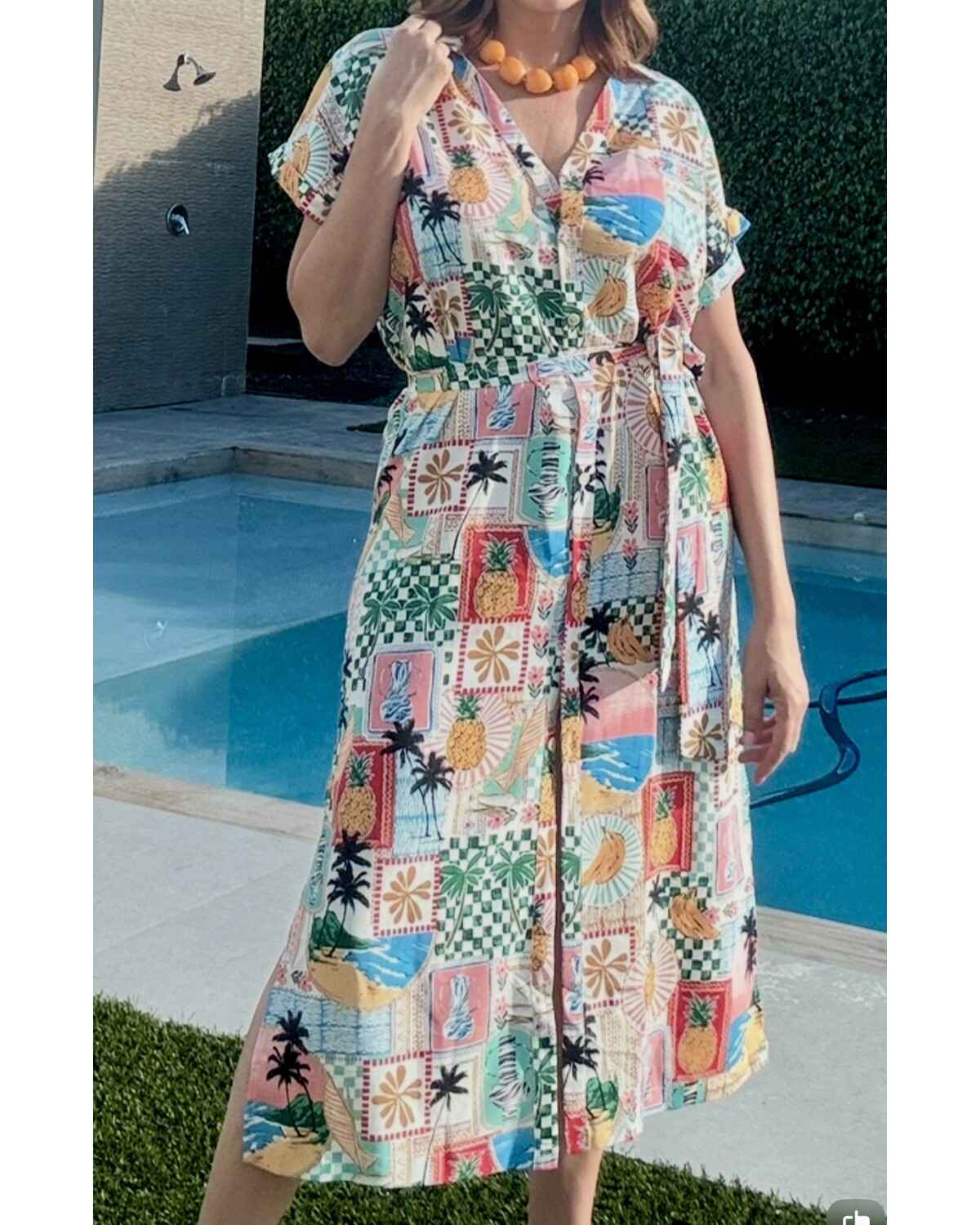 Printed Button From tMidi Dress with Waist Tie