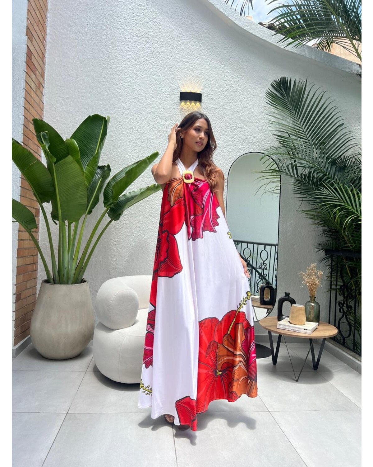 Big Flower Halter Silky Dress One size(sm-large)