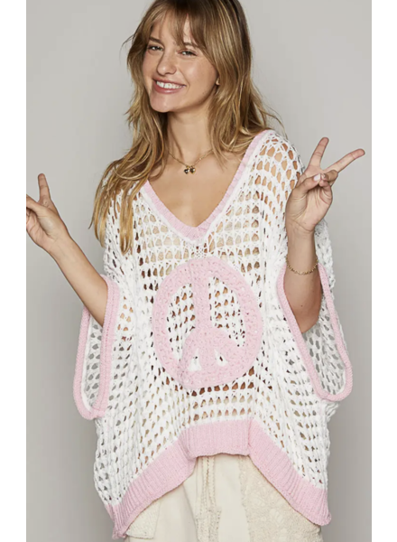 Oversize v-neck short sleeve peace sign sweater