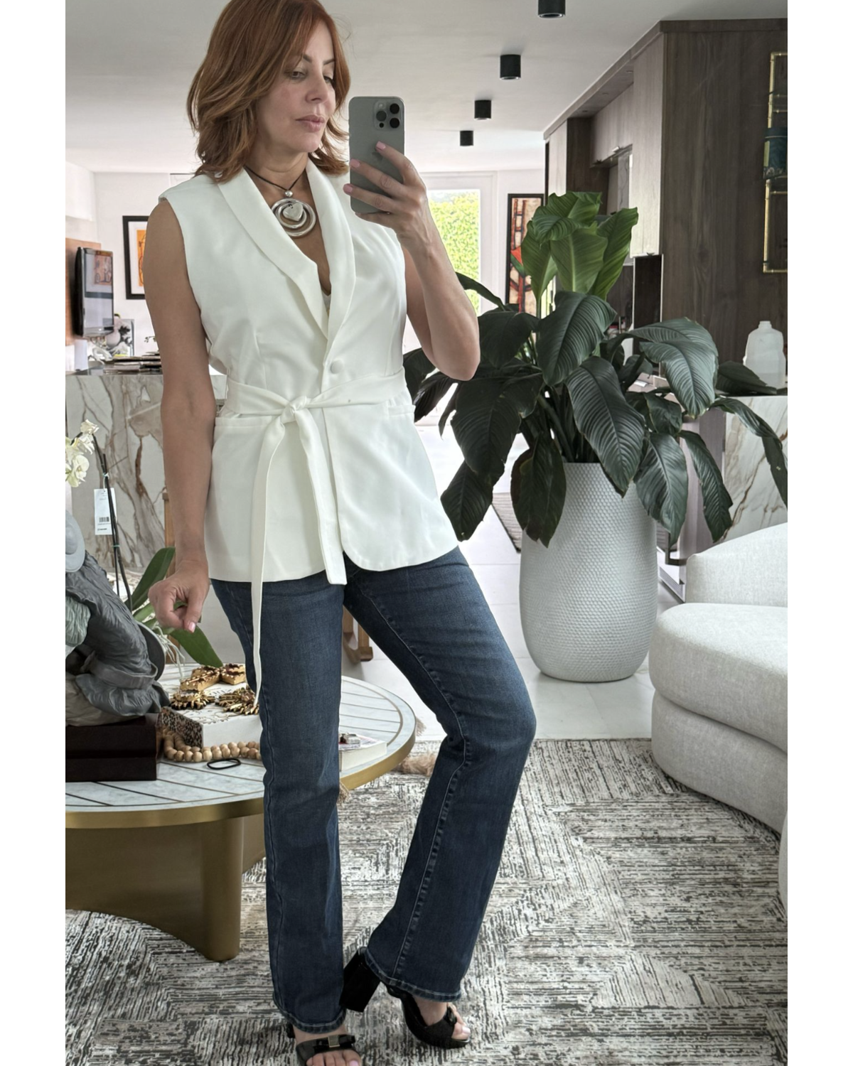 Sleeveless Belted Waist Jacket  White