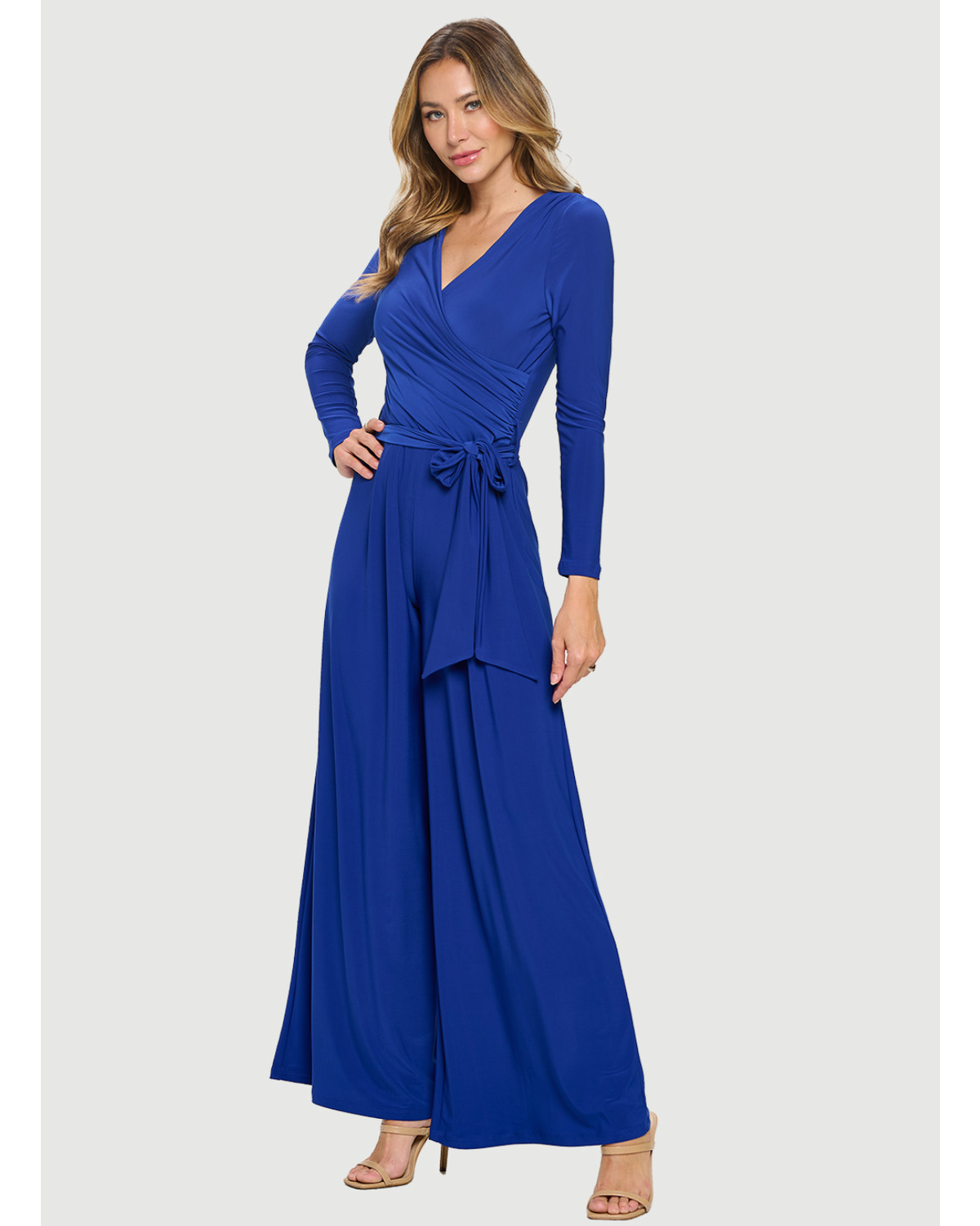 Long Sleeve Surplice Crossover Jumpsuit with Pleats BLACK