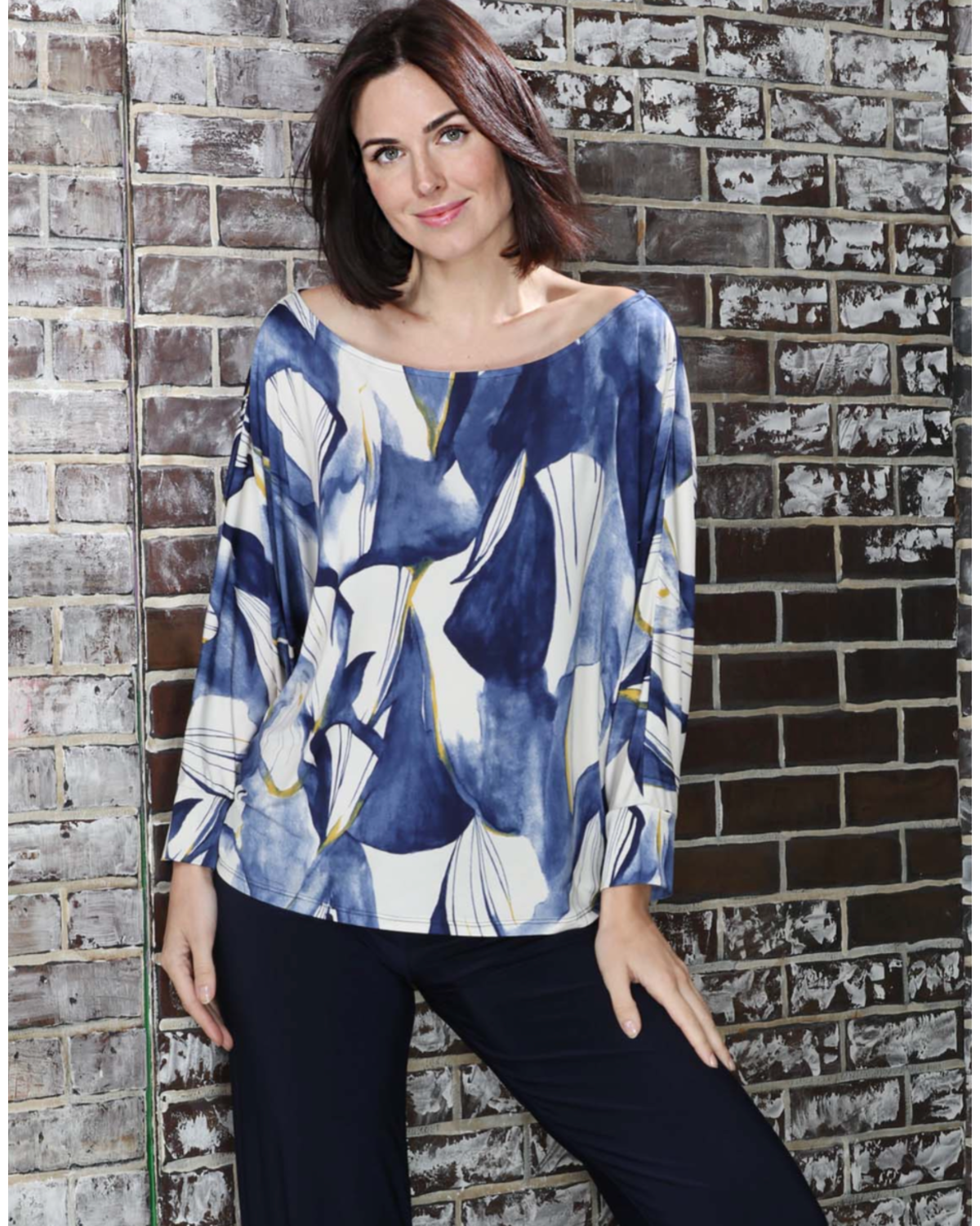 Boat Neck Batwing Printed Top with Arm Cuffs