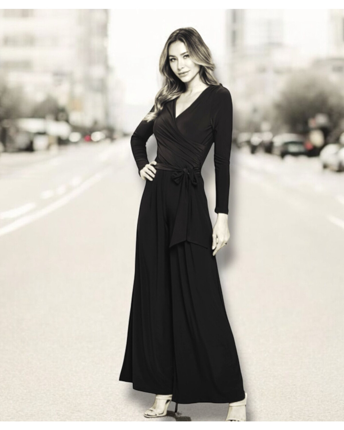 Long Sleeve Surplice Crossover Jumpsuit with Pleats BLACK
