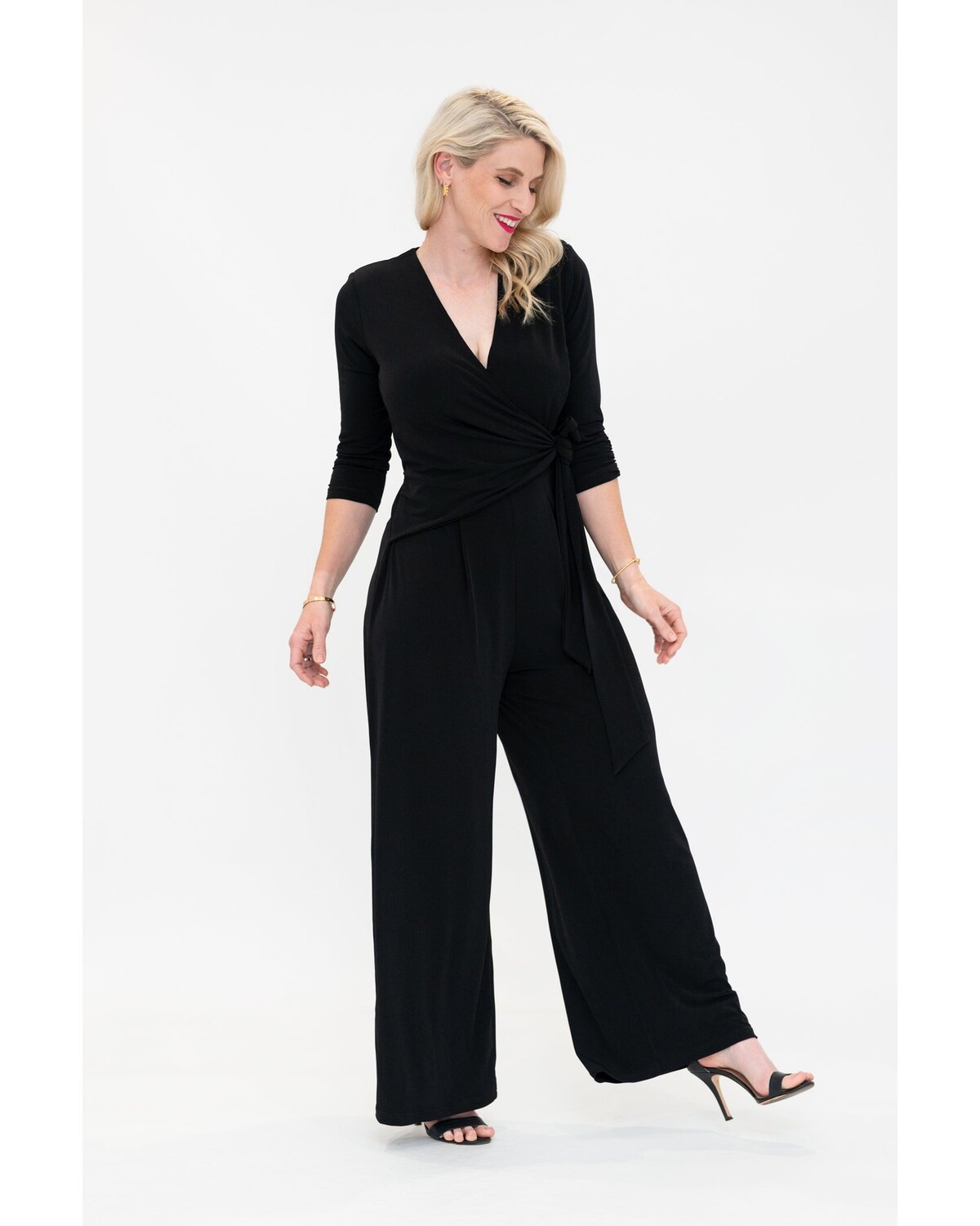 Long Sleeve Surplice Crossover Jumpsuit with Pleats BLACK