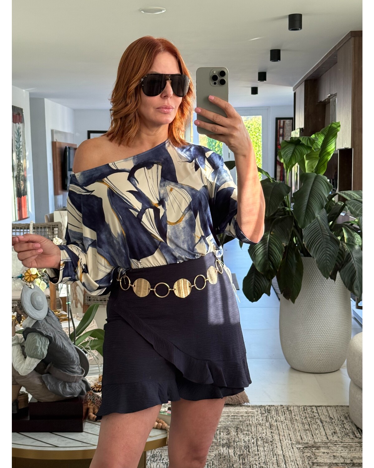 Boat Neck Batwing Printed Top with Arm Cuffs