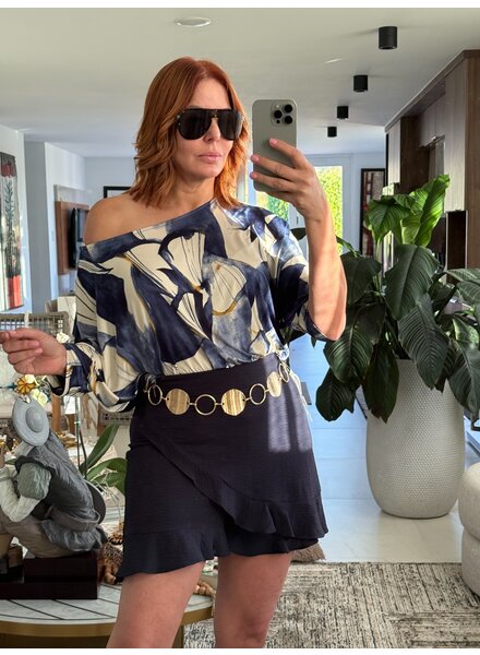Boat Neck Batwing Printed Top with Arm Cuffs