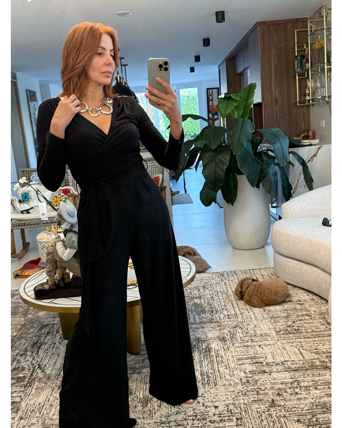 Long Sleeve Surplice Crossover Jumpsuit with Pleats BLACK