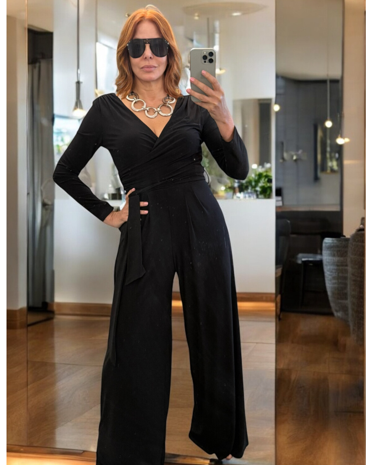 Long Sleeve Surplice Crossover Jumpsuit with Pleats BLACK