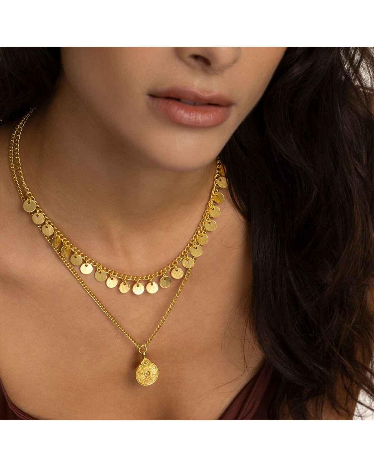 dd04051COLLANA DUE CATENE MONETE/FIORE