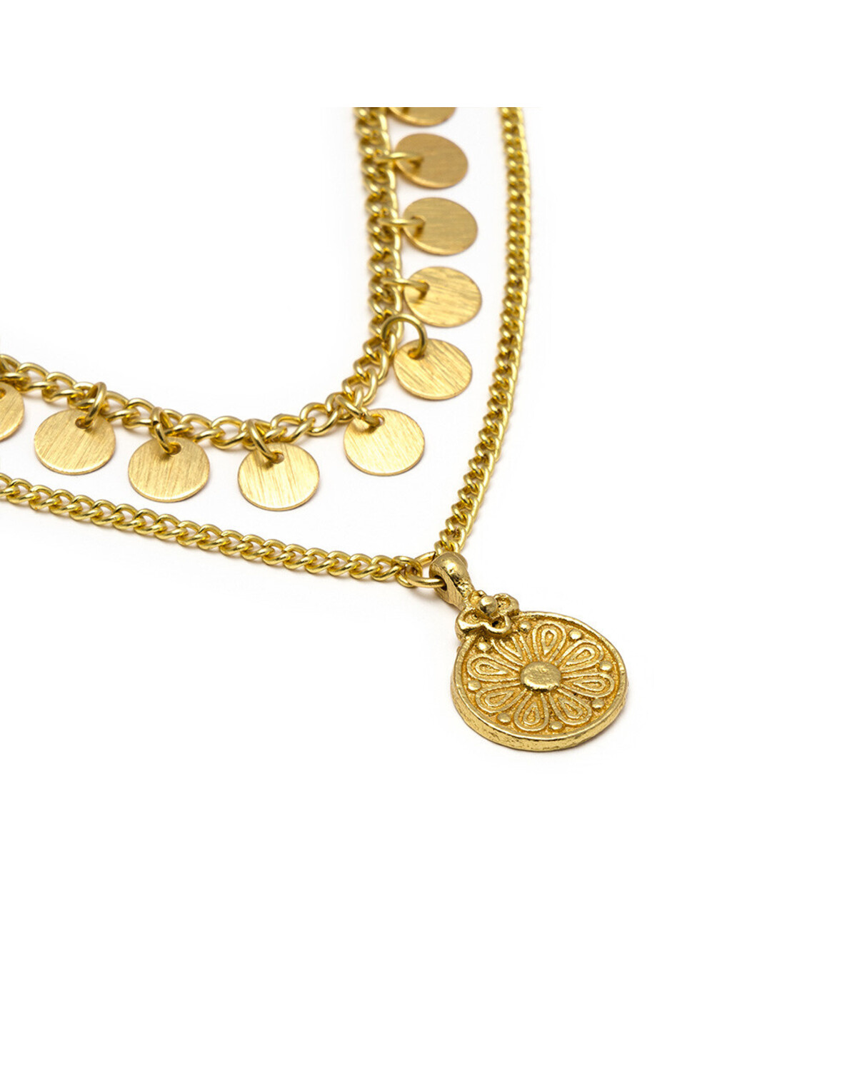 dd04051COLLANA DUE CATENE MONETE/FIORE