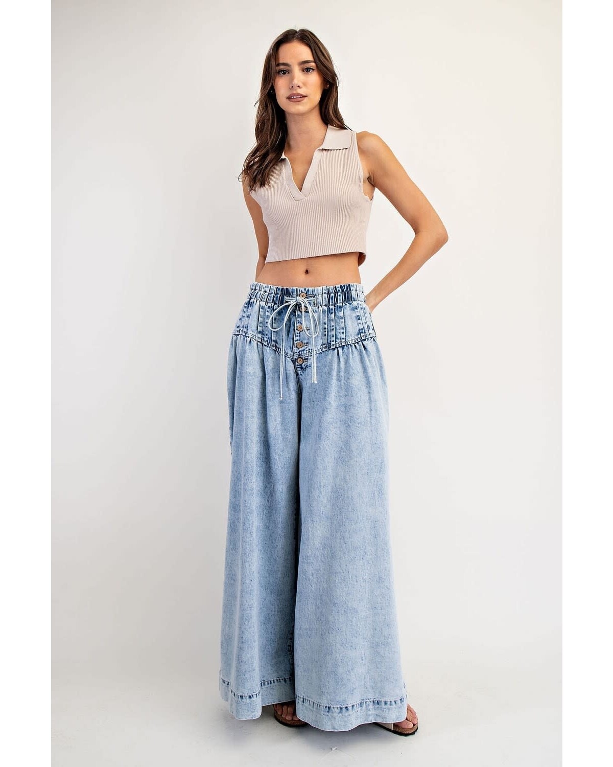 Mineral Washed Pleated Wide Leg Pants