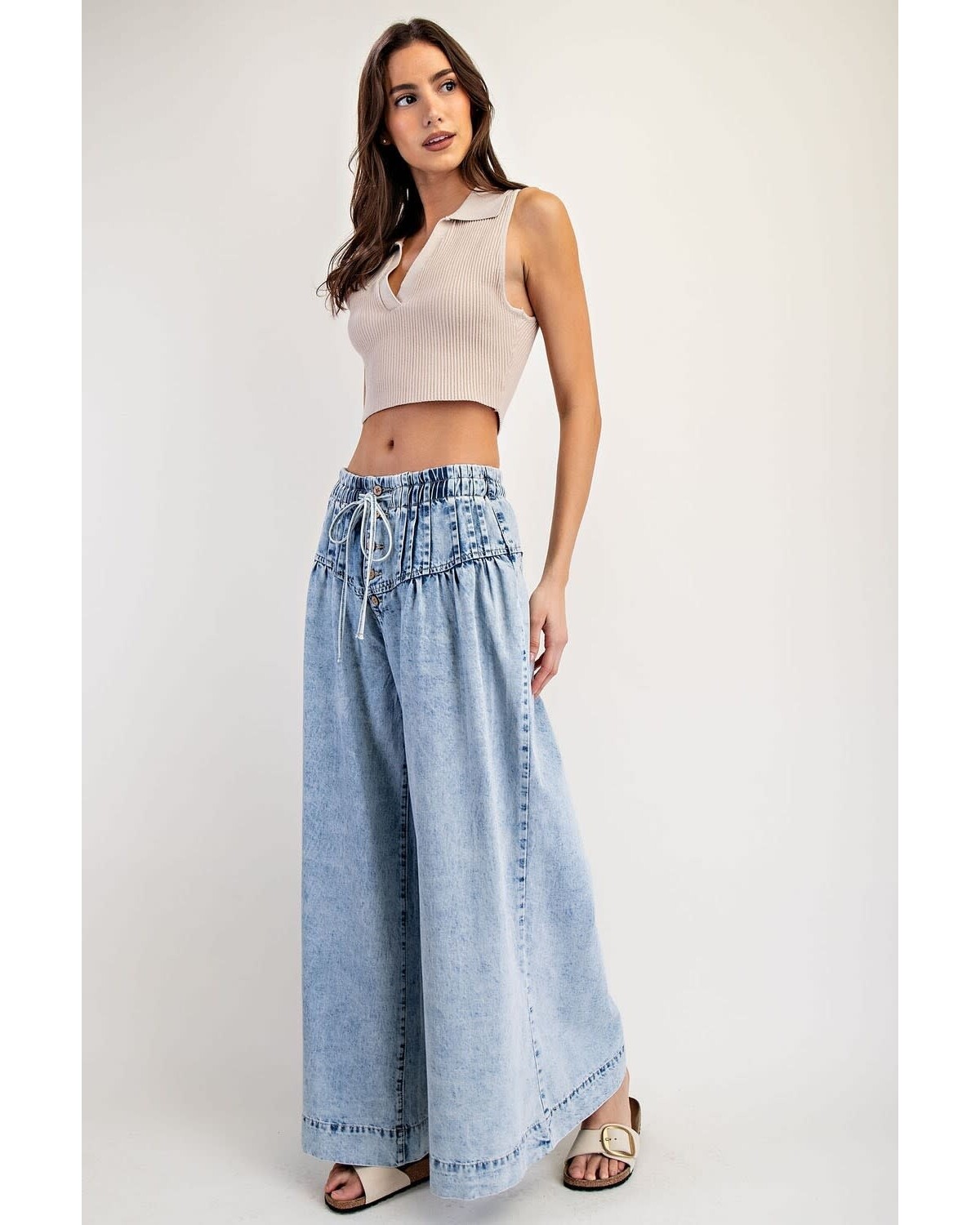 Mineral Washed Pleated Wide Leg Pants