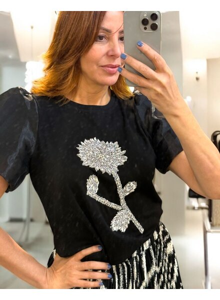 Puff Sleeve Rhinestone Top Black