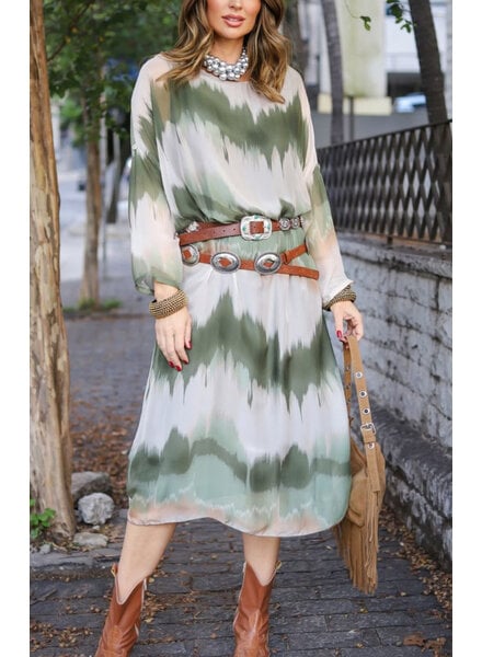 Zig Zag khaki Silk  Mid Dress One size