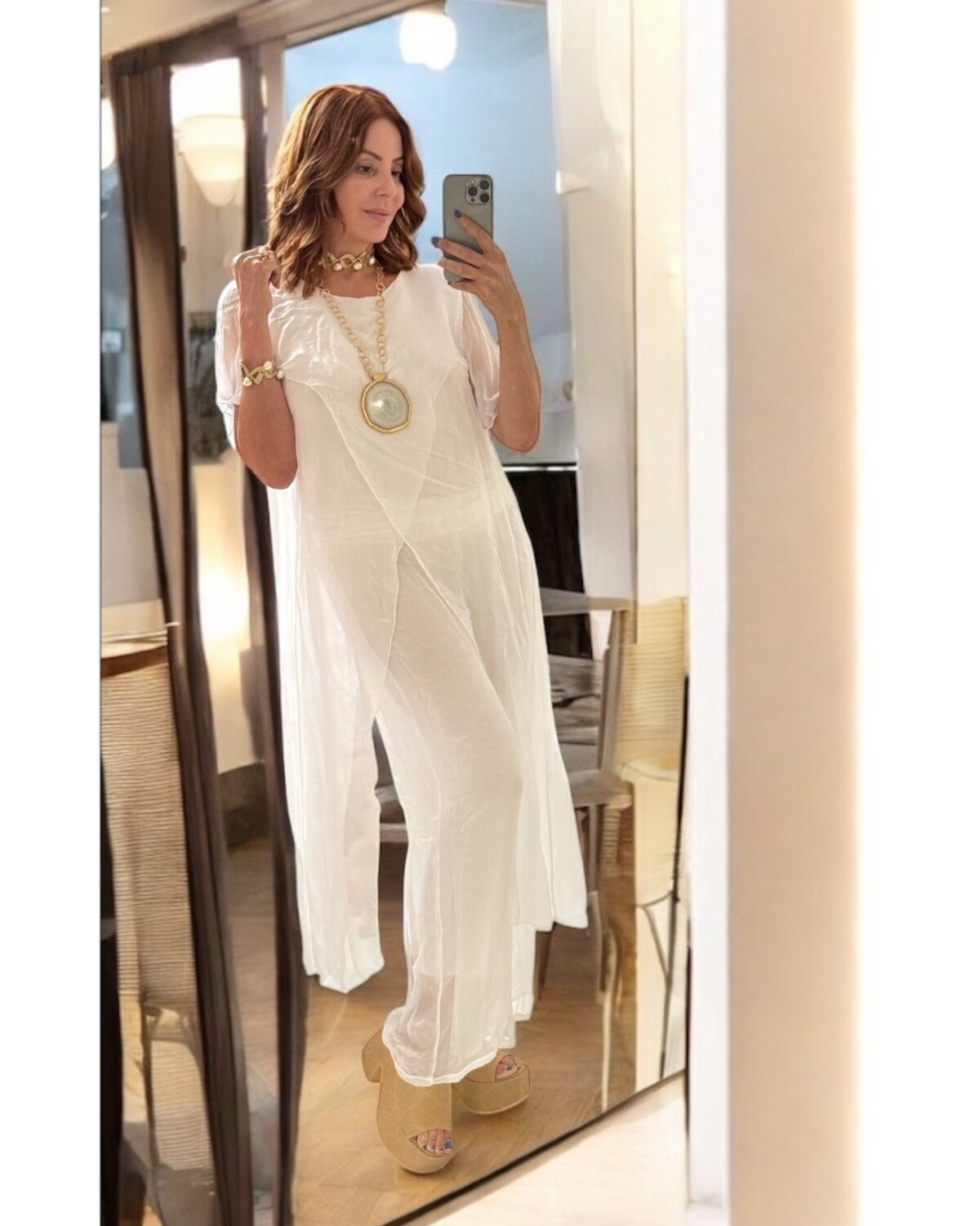 Silk Mix Short Sleeve Cross Over Longline  tunic