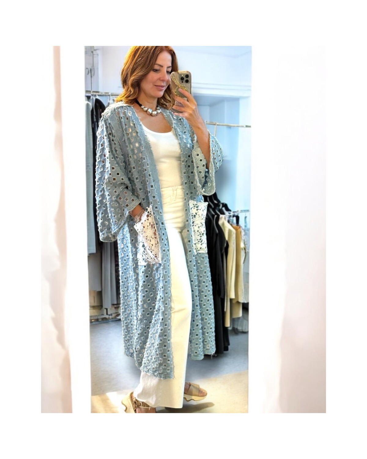 Denim Cotton Eyelet Cardigan