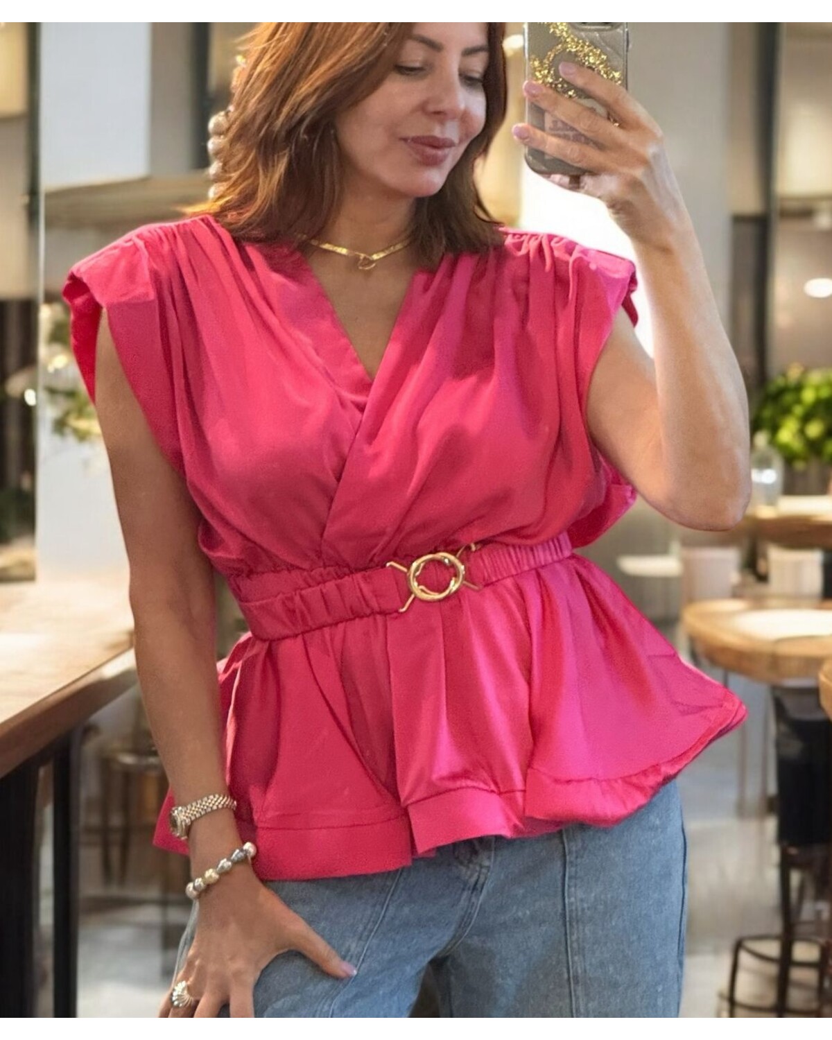 Fucsa Belted V neck top