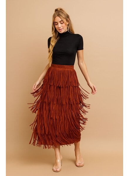 Rust Fringe Skirt elastic waist