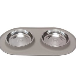 Messy Mutts Messy Cats Double Silicone Feeder with Stainless Saucer Bowl 1.75 Cups Grey