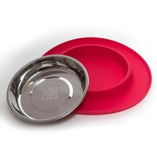 Messy Mutts Messy Cats Single Silicone Feeder with Stainless Saucer Bowl 1.75 Cups Watermelon