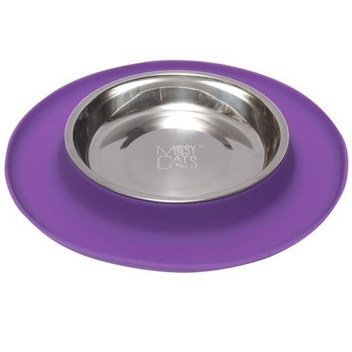 Messy Mutts Messy Cats Single Silicone Feeder with Stainless Saucer Bowl 1.75 Cups Purple