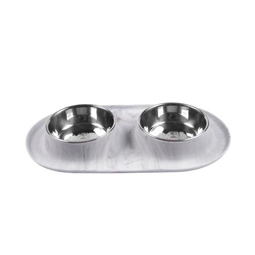 Messy Mutts Messy Mutts Double Silicone Feeder with Stainless Saucer Bowl 1.5 Cups Marble Medium