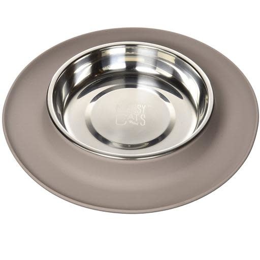 Messy Mutts Messy Cats Single Silicone Feeder with Stainless Saucer Bowl 1.75 Cups Grey