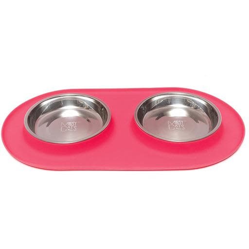 Messy Mutts Messy Cats Double Silicone Feeder with Stainless Saucer Bowl 1.75 Cups Watermelon
