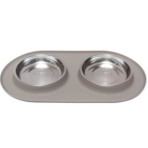 Messy Mutts Messy Cats Double Silicone Feeder with Stainless Saucer Bowl 1.75 Cups Grey