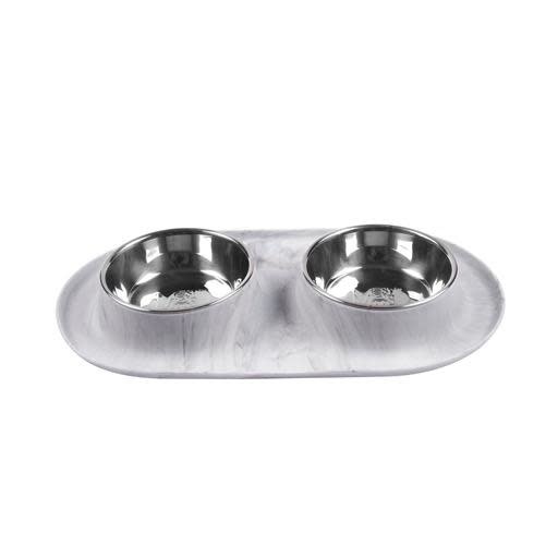 Messy Mutts Messy Mutts Double Silicone Feeder with Stainless Saucer Bowl 1.5 Cups Marble Large