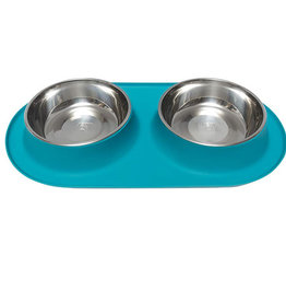 Messy Mutts Messy Mutts Double Silicone Feeder with Stainless Saucer Bowl 1.5 Cups Blue Medium