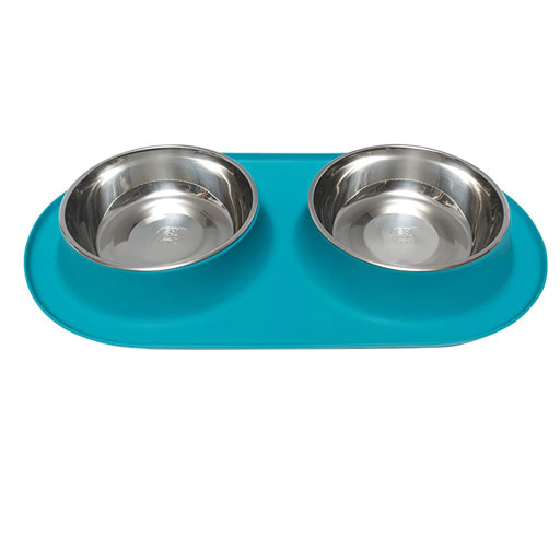 Messy Mutts Messy Mutts Double Silicone Feeder with Stainless Saucer Bowl 3 Cups Blue Large