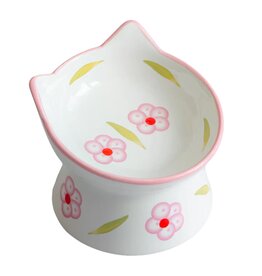 Dexypaws Dexypaws Raised Ceramic Cat Bowl White/Blush Pink Flowers