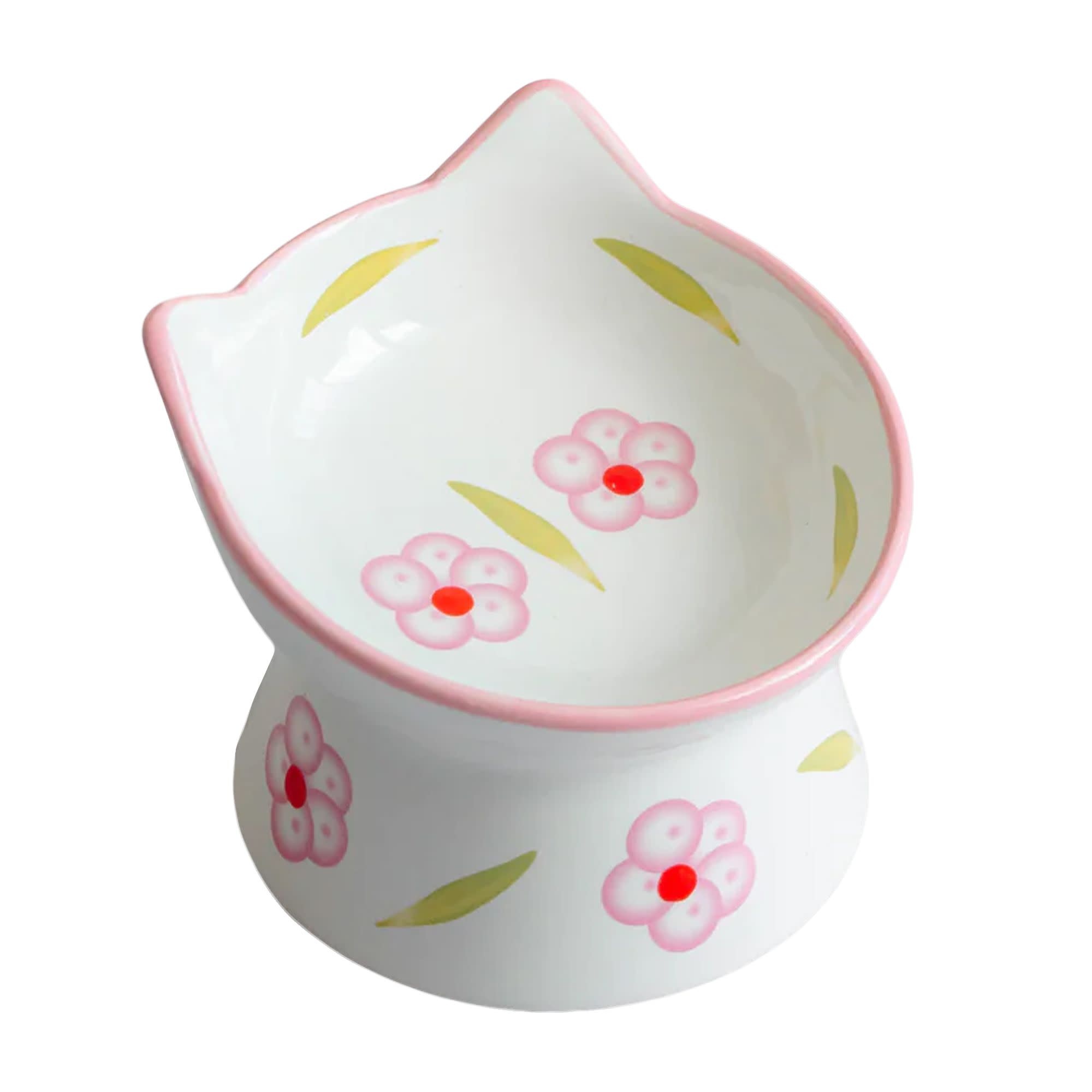 Dexypaws Dexypaws Bol Surélevé En Céramique Pour Chat  Blanc Fleurs Blanches & Roses