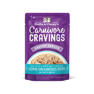 Stella & Chewy's Stella & Chewy's Carnivore Cravings Savory Shreds Wild-Caught Salmon, Tuna & Mackerel in Broth Wet Cat Food 2.8oz