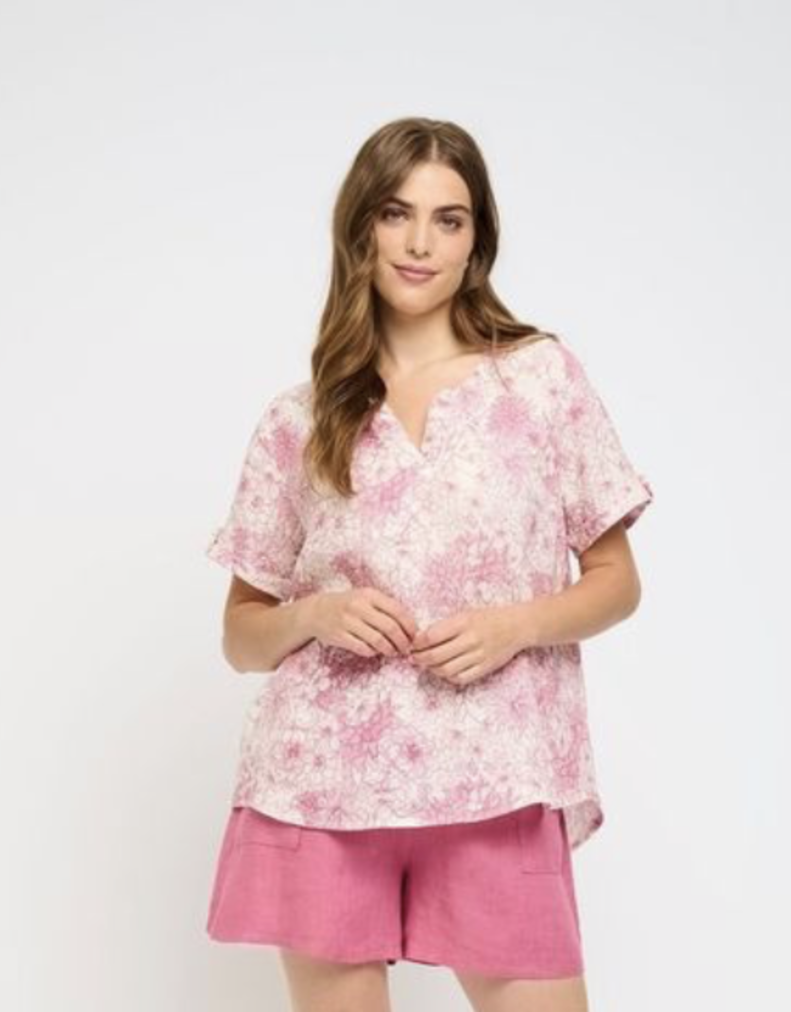 Pistache Pistache-D-8087-P - Front Pleat Linen Top in Pink Floral SS25
