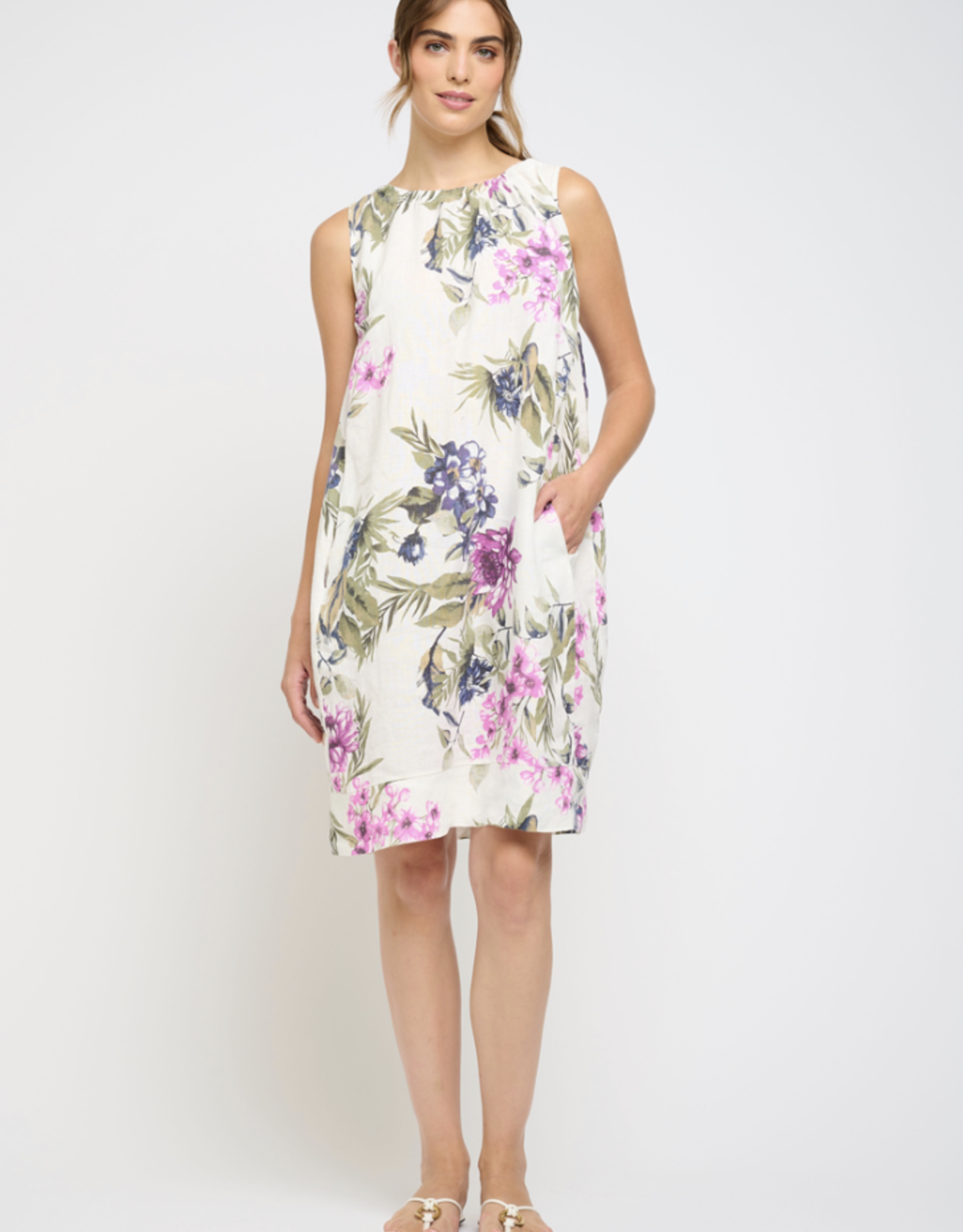 Pistache Pistache-T-3572-AF -Sleeveless Linen Gathered Dress SS25