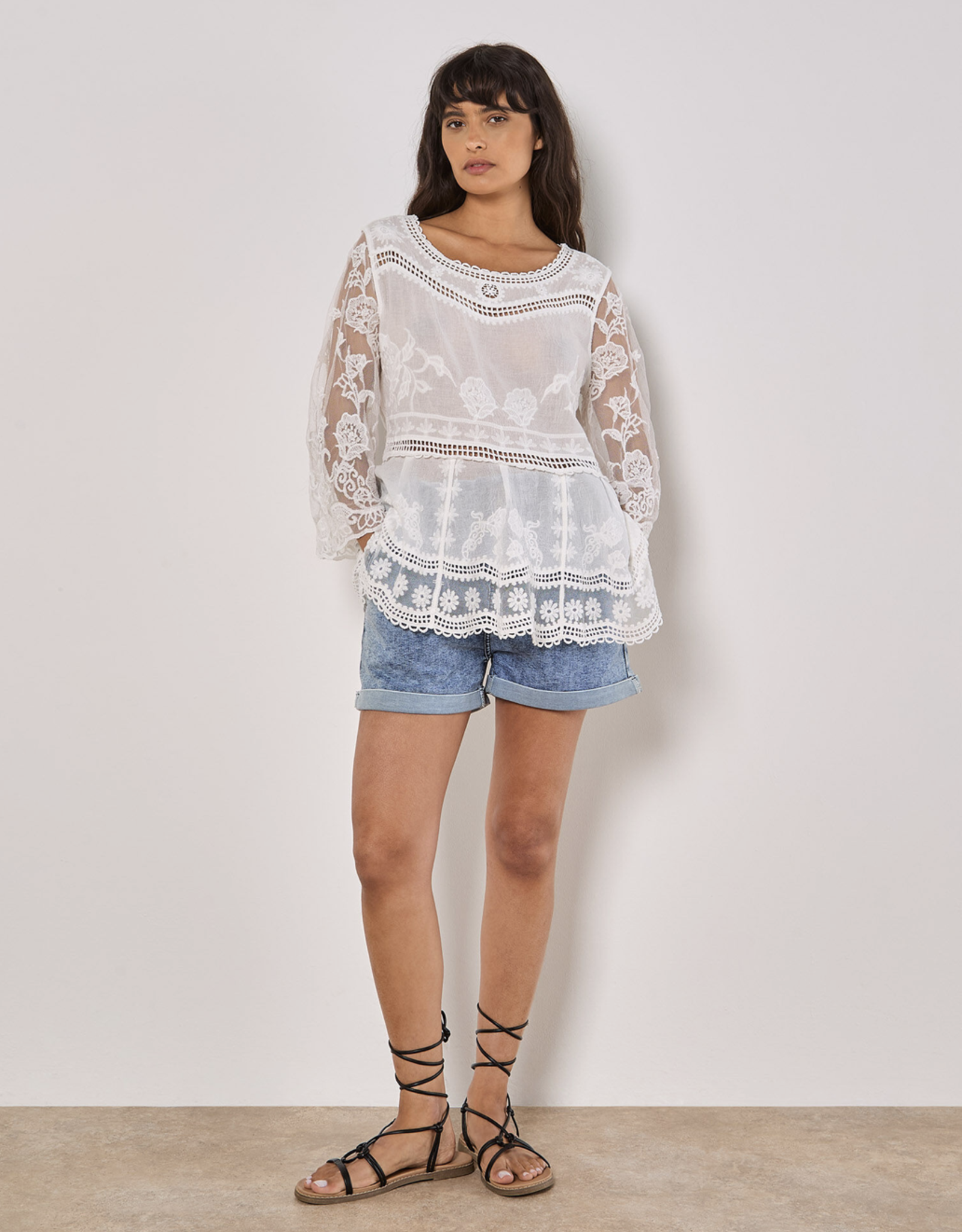 Apricot Apricot- 945104 Embroidered Mesh Oversized peplum top SS25