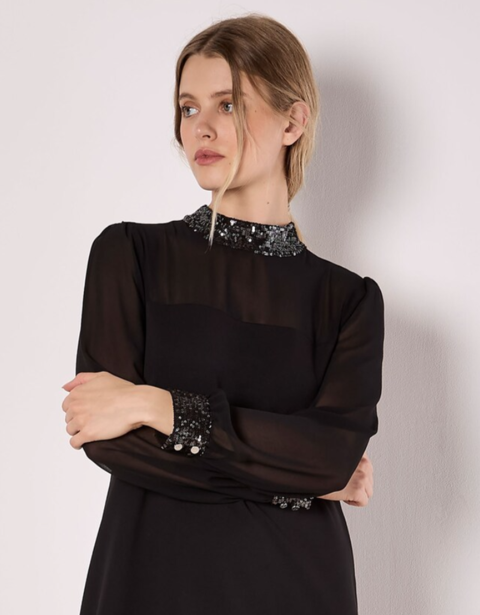Apricot Apricot - Sequin High Neck Trim Long Sleeve FW25
