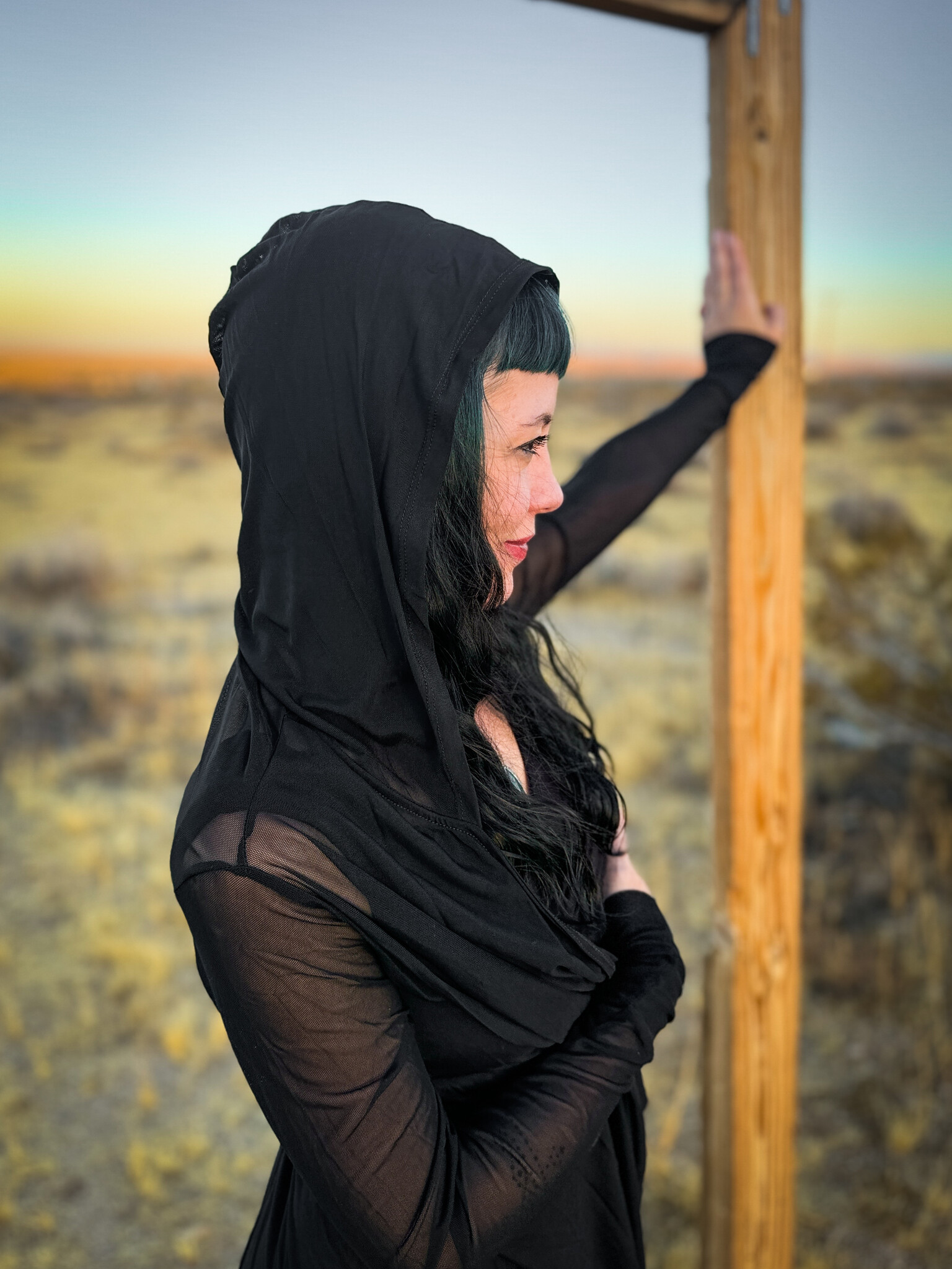 Hooded Mantle Wrap: Mesh + Black