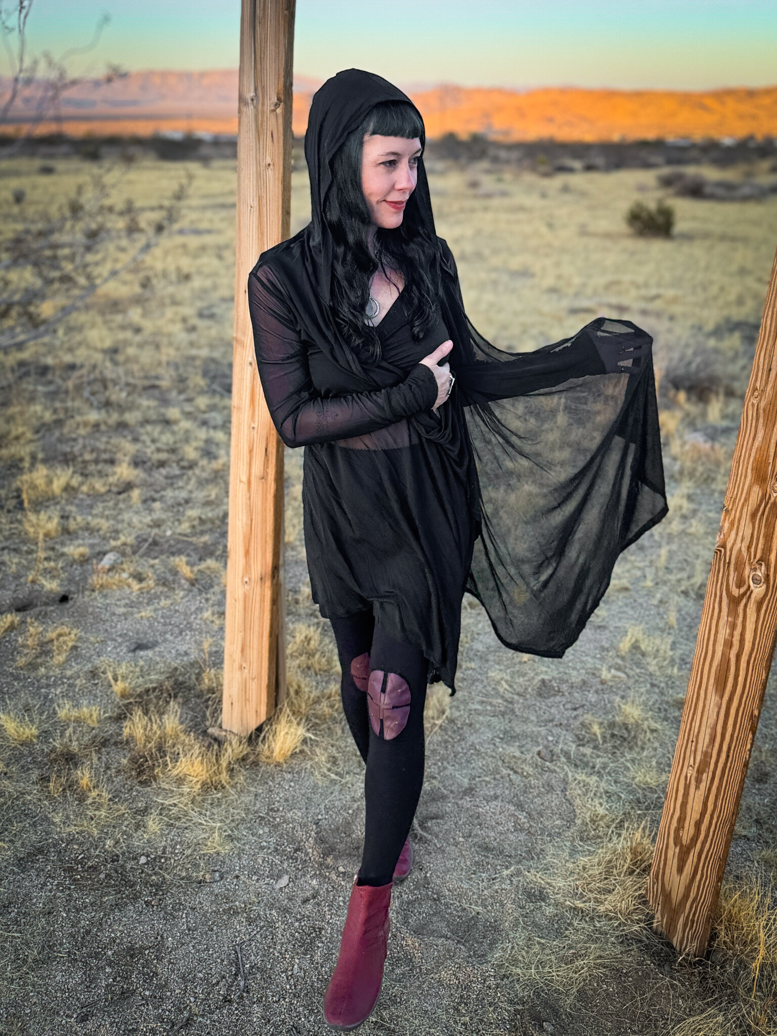 Hooded Mantle Wrap: Mesh + Black