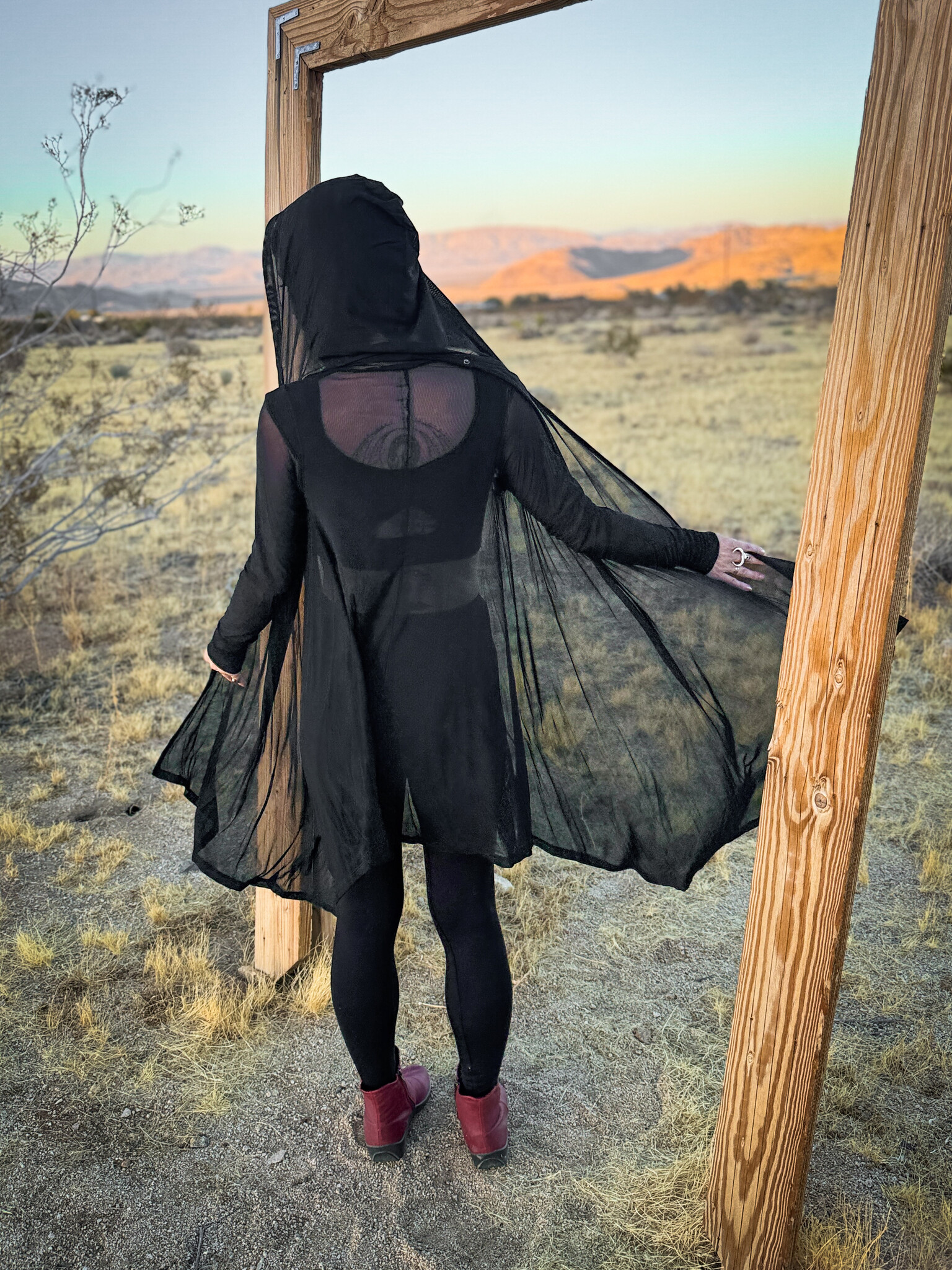 Hooded Mantle Wrap: Mesh + Black