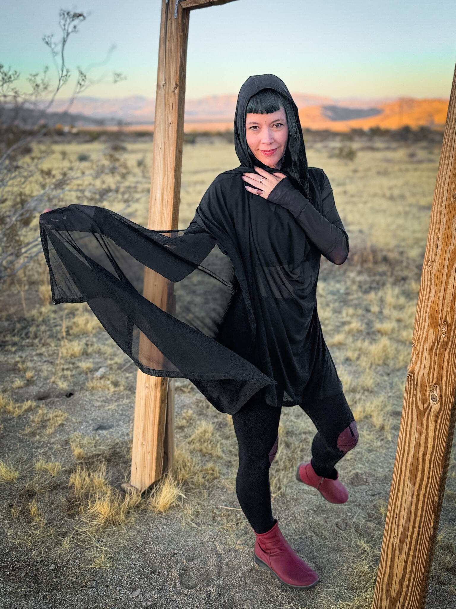 Hooded Mantle Wrap: Mesh + Black