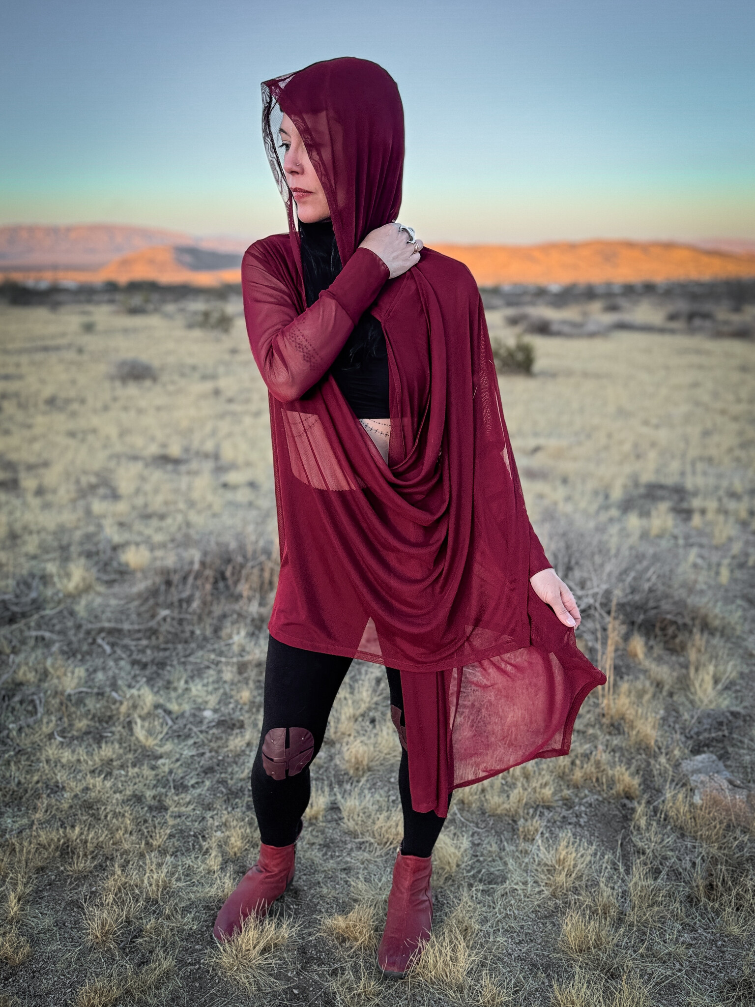 Hooded Mantle Wrap: Mesh + Crimson
