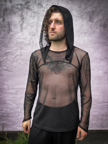 Mesh Tunic Hoodie: Black