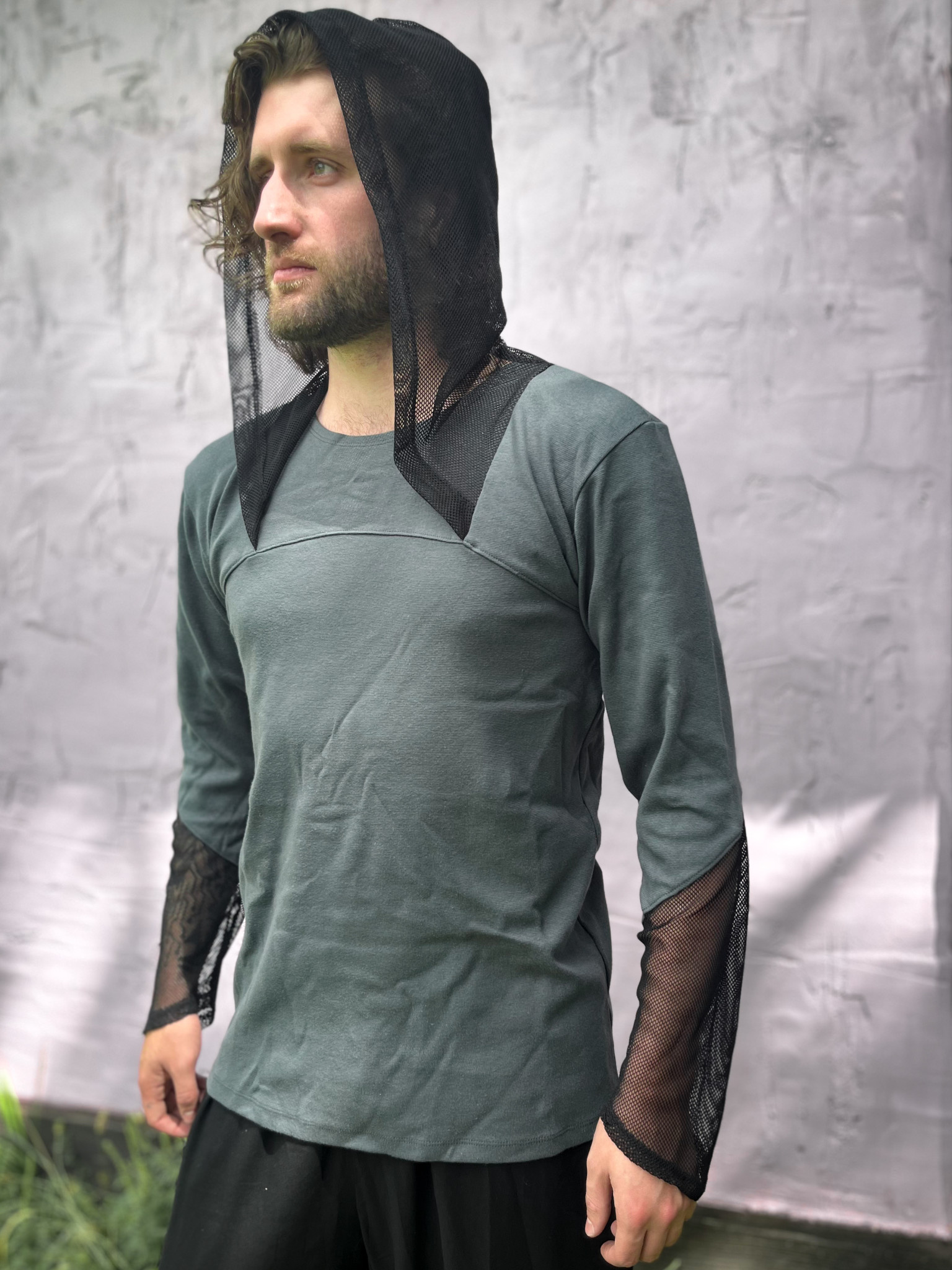 LS Knit Contrast Hoodie: Steel/Black Mesh - Opal Moon Designs