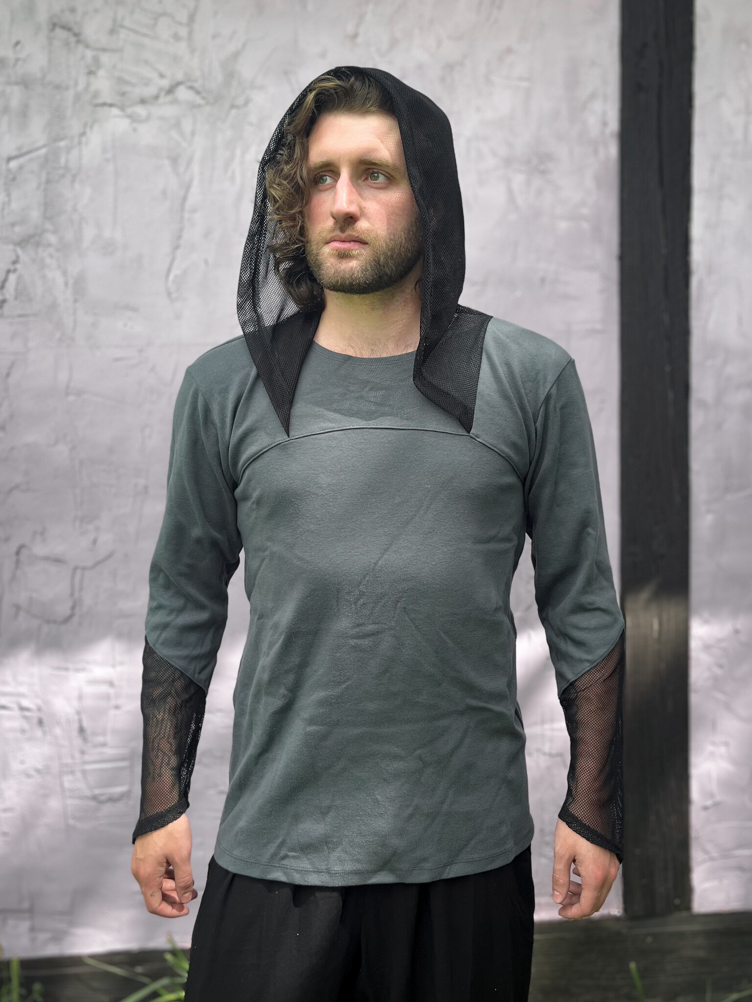 【KOOLOSET】Pong Mash Hood Knit LS Knit Contrast Hoodie: Steel/Black Mesh - Opal Moon Designs