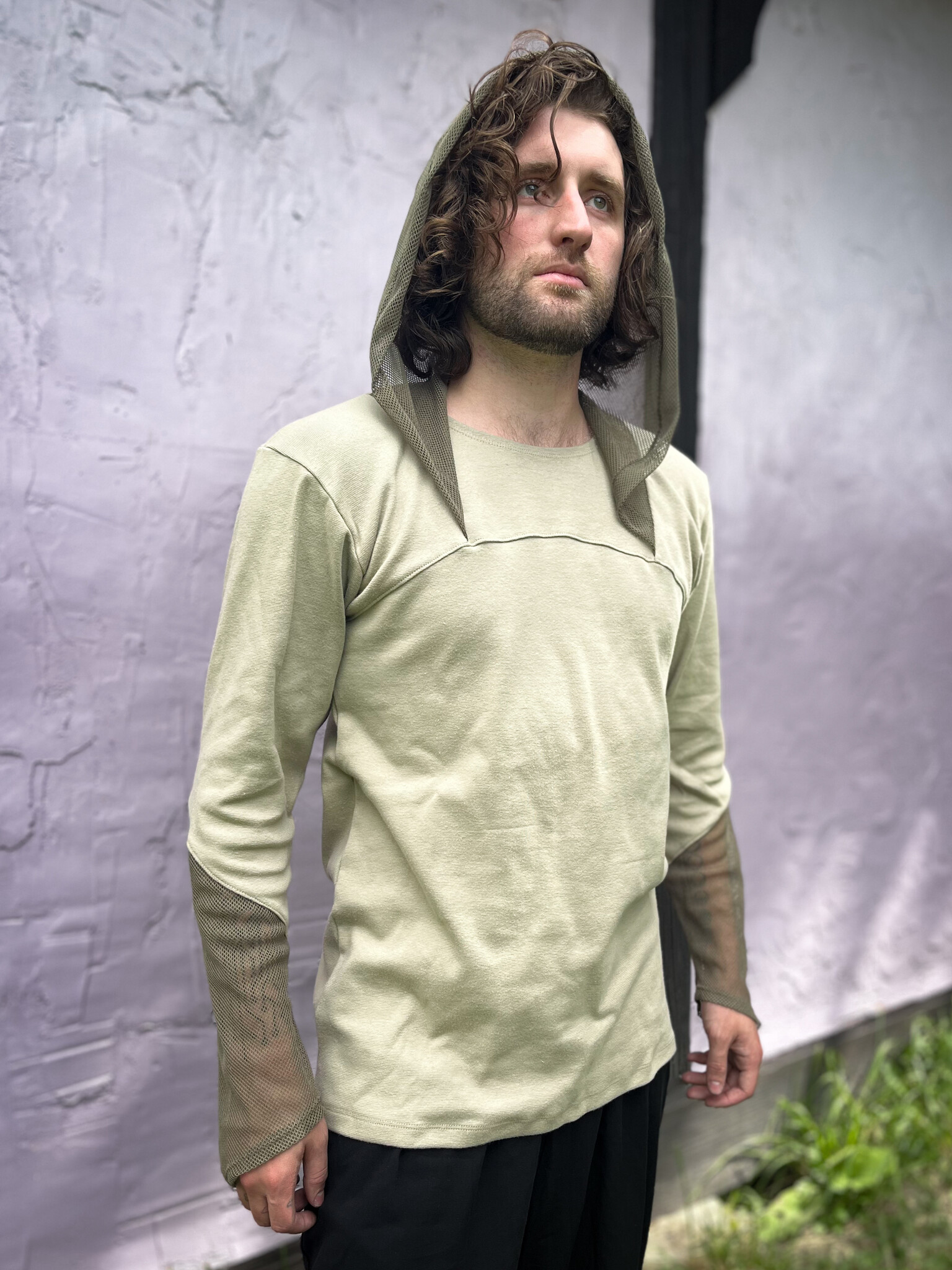 Knit Contrast Hoodie: Canopy + Moss Mesh