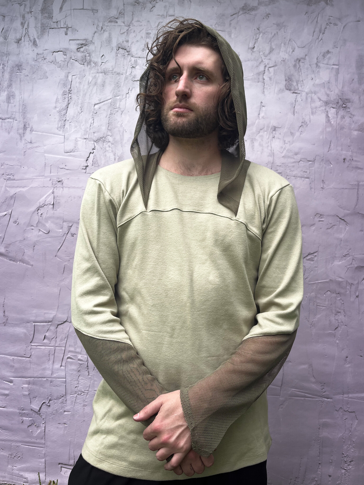 Knit Contrast Hoodie: Canopy + Moss Mesh