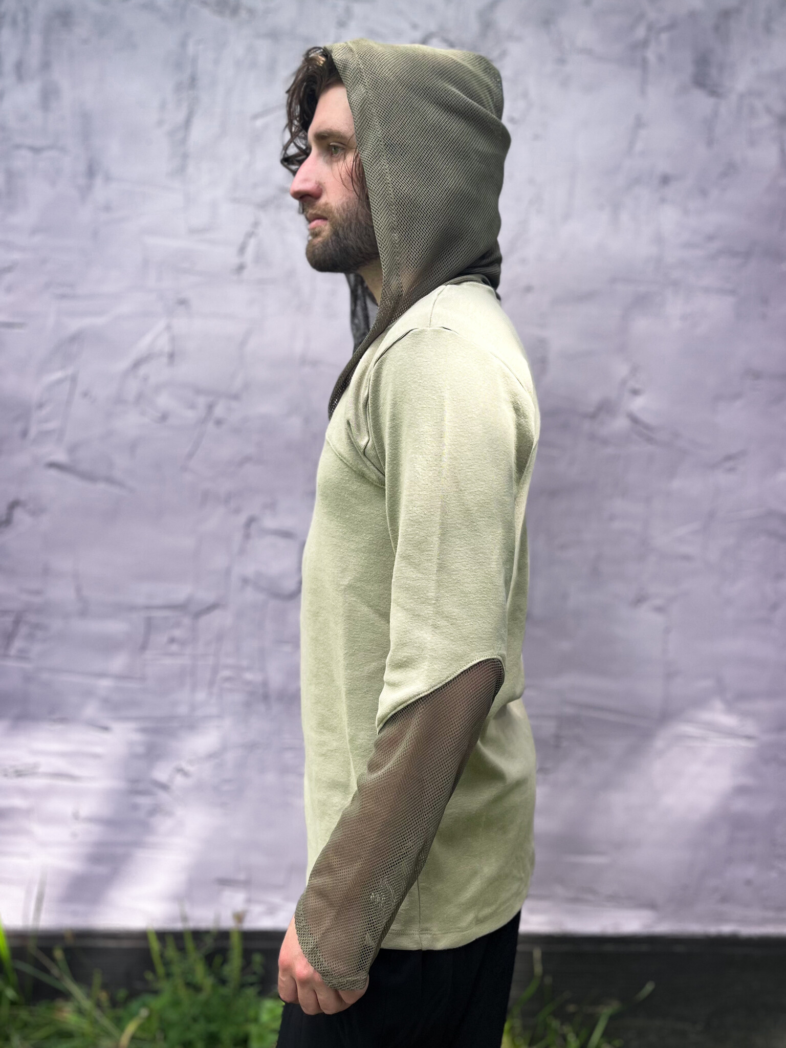 Knit Contrast Hoodie: Canopy + Moss Mesh